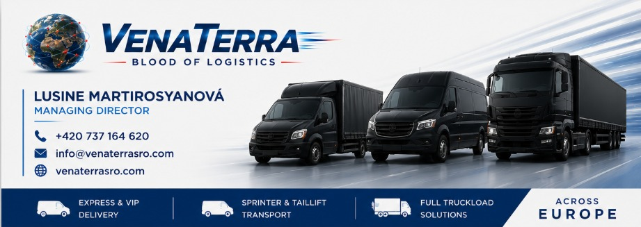 VenaTerra fleet — black tarp van, sprinter and semi truck