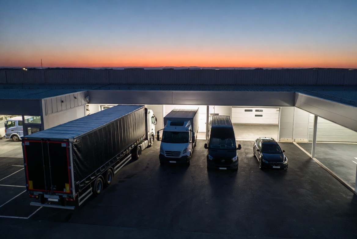VenaTerra fleet at dusk — tarp truck, cargo van and passenger vehicle